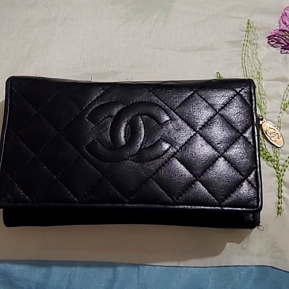 Vintage Chanel Logo Black Caviar Skin Bifold Long Wallet SALE TODAY ONLY